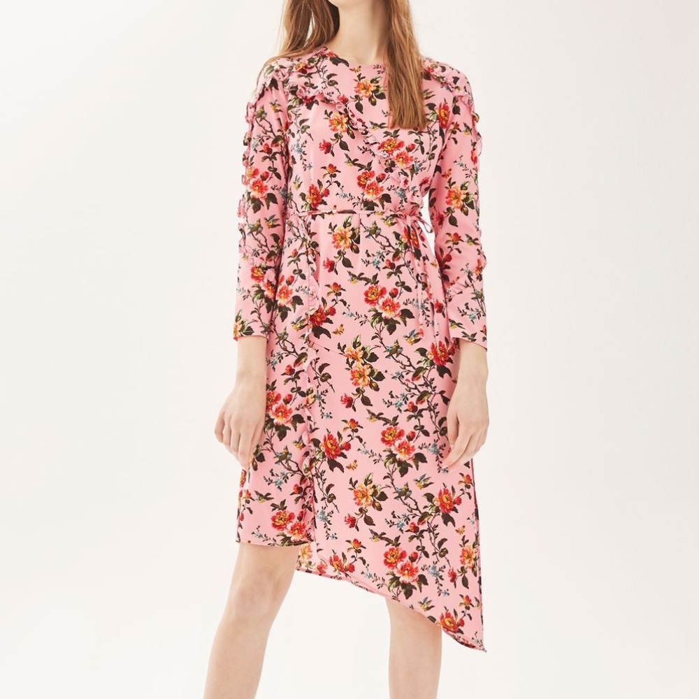 Topshop Pink Floral Ruffle Midi Dress Size 2